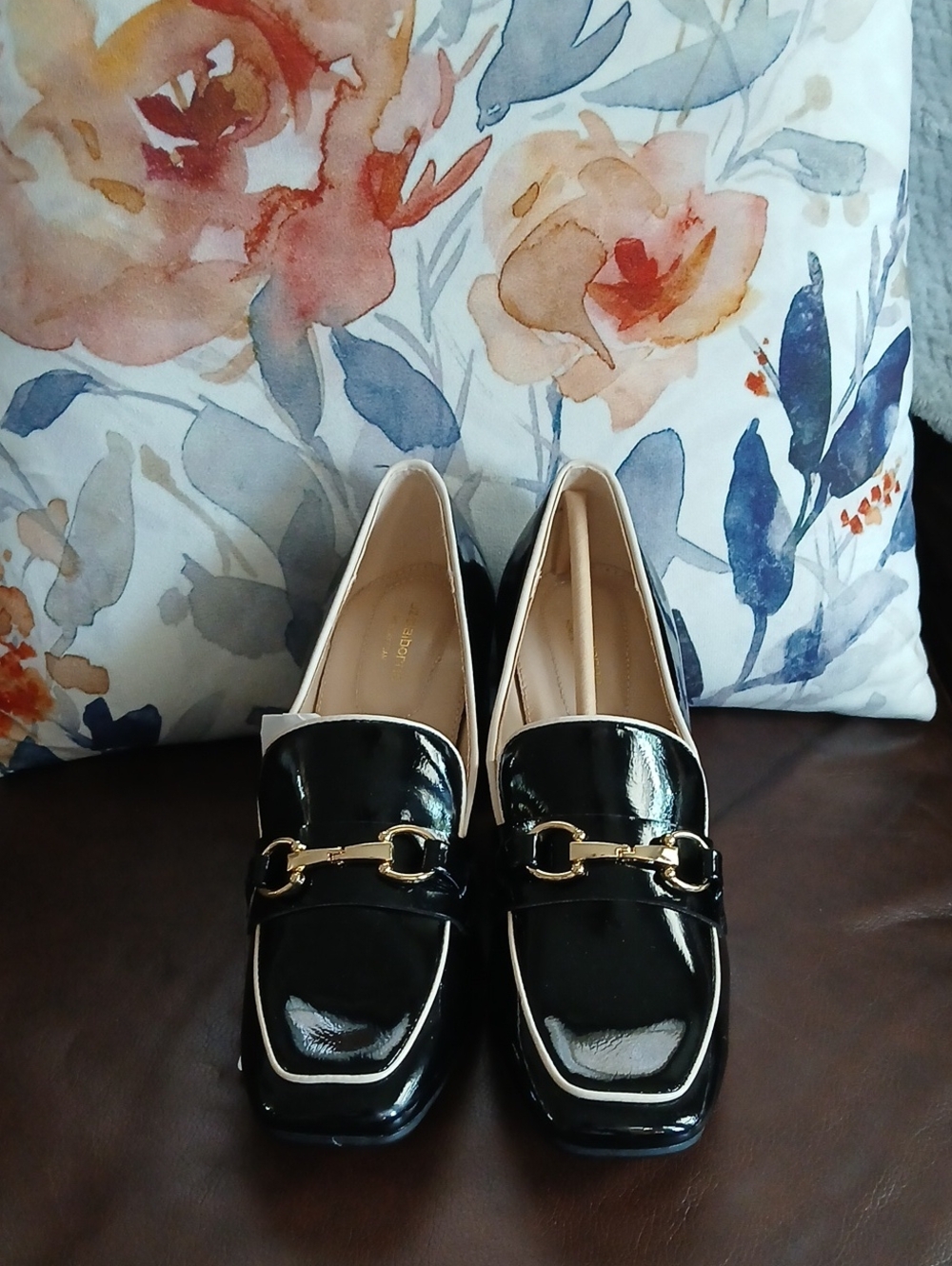 Liz Claiborne Women's Black Patent Loafers with Gold Horsebit Trim